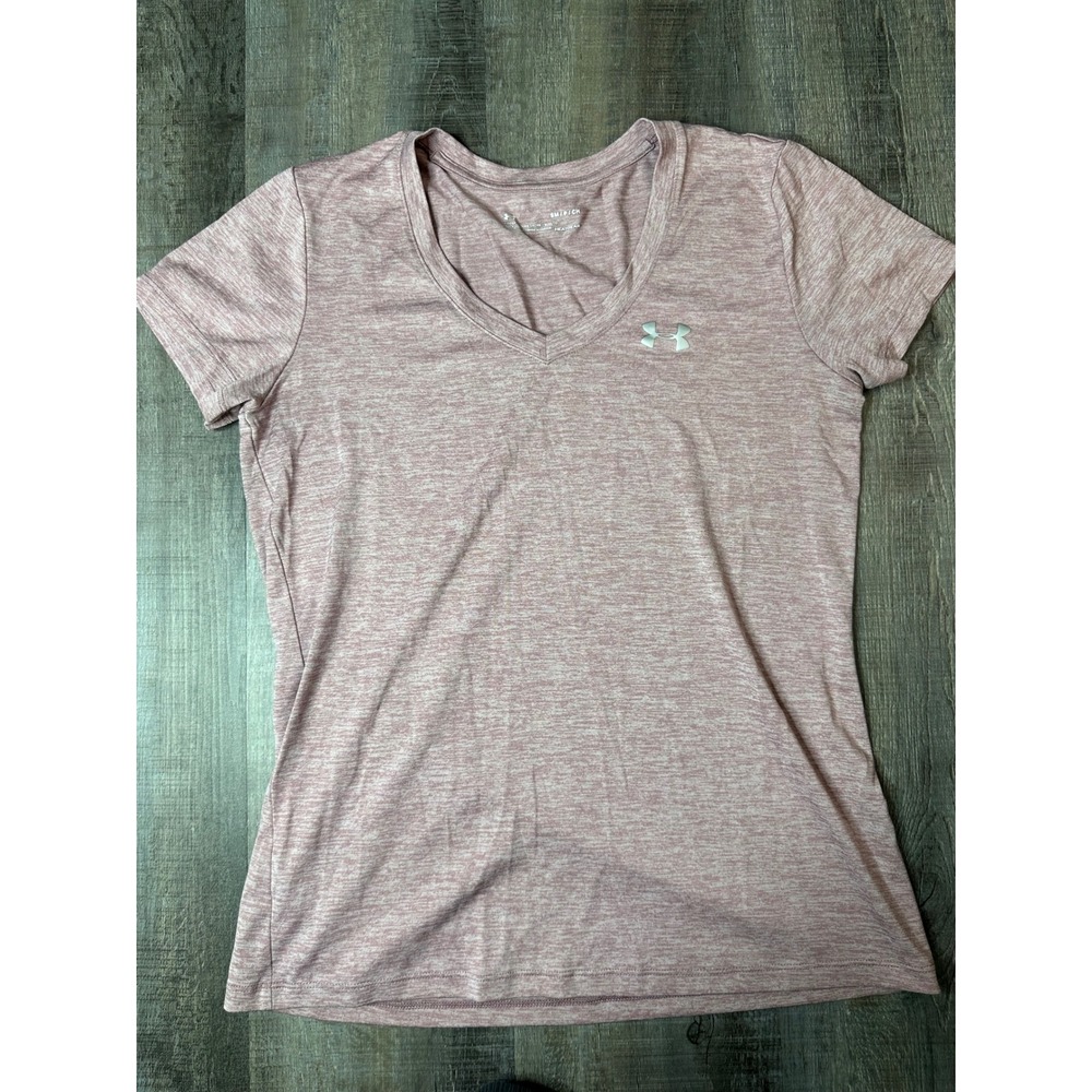 Under Armour HeatGear V-Neck T-Shirt Womens Small Pink Heather Loose Athletic